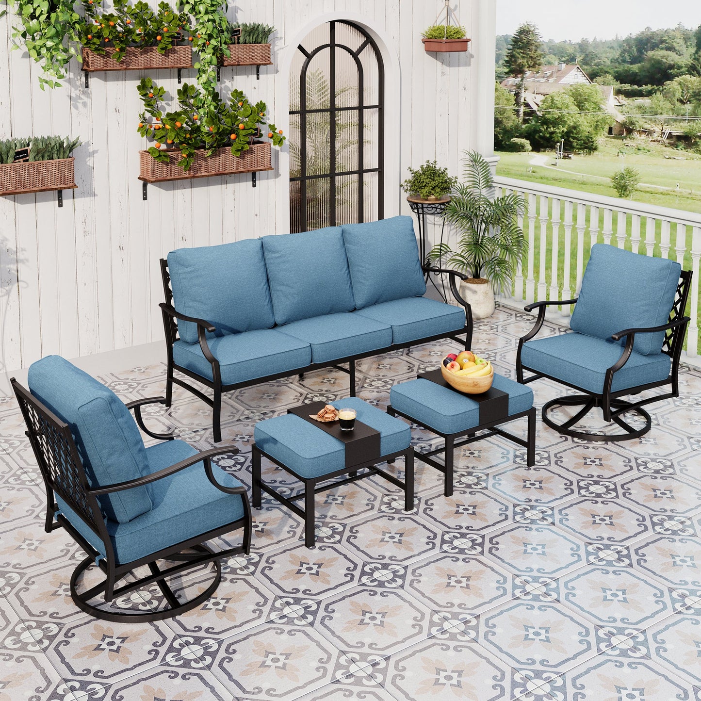 Sophia&William 7 Seat Patio Conversation Set Outdoor Sofa Furniture Set with Ottomans, Navy Blue