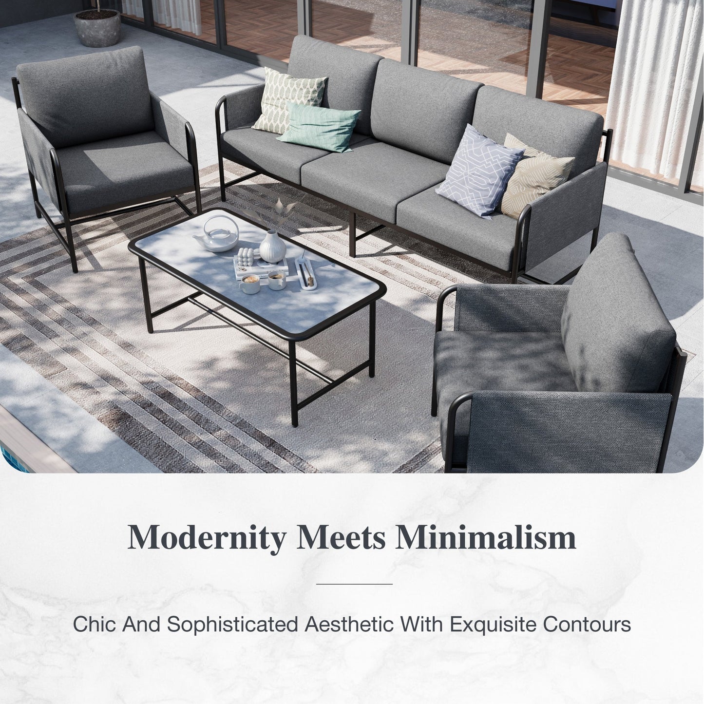 Sophia&William 5 Seat Outdoor Patio Furniture Set Luxury Metal Cushioned Conversation Set with 26.8"W Seat & Marble-textured Coffee Table, Gray