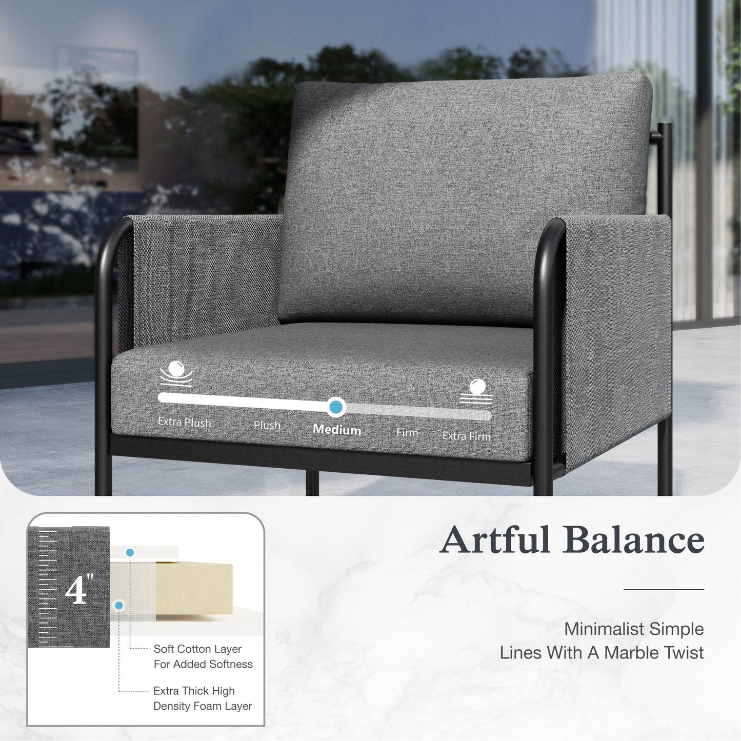 Sophia&William 5 Seat Outdoor Patio Furniture Set Luxury Metal Cushioned Conversation Set with 26.8"W Seat & Marble-textured Coffee Table, Gray