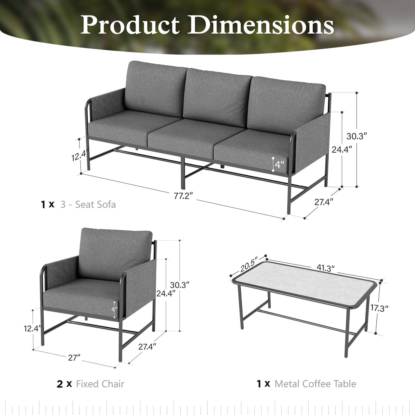 Sophia&William 5 Seat Outdoor Patio Furniture Set Luxury Metal Cushioned Conversation Set with 26.8"W Seat & Marble-textured Coffee Table, Gray