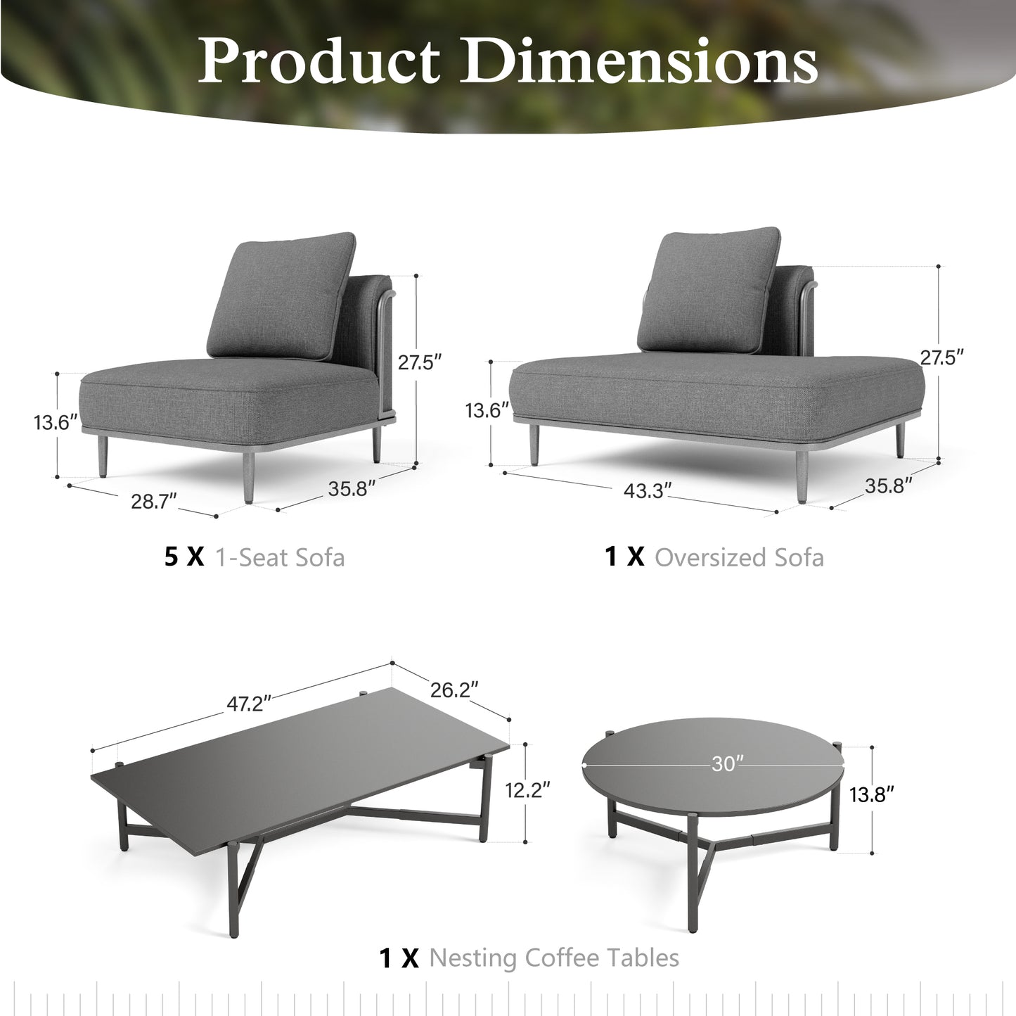 Sophia & William 8-Piece Modular Patio Furniture Set 7-Seat Low-Profile Sofa with Extra Thick Cushions & Nesting Tables, Grey