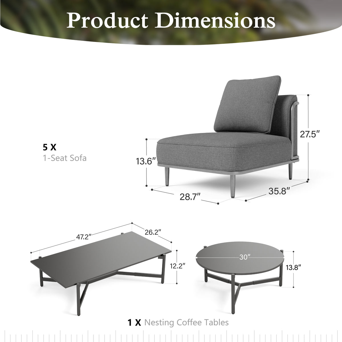 Sophia & William 7-Piece Modular Patio Furniture Set 5-Seat Low-Profile Sofa with Extra Thick Cushions & Nesting Tables, Grey