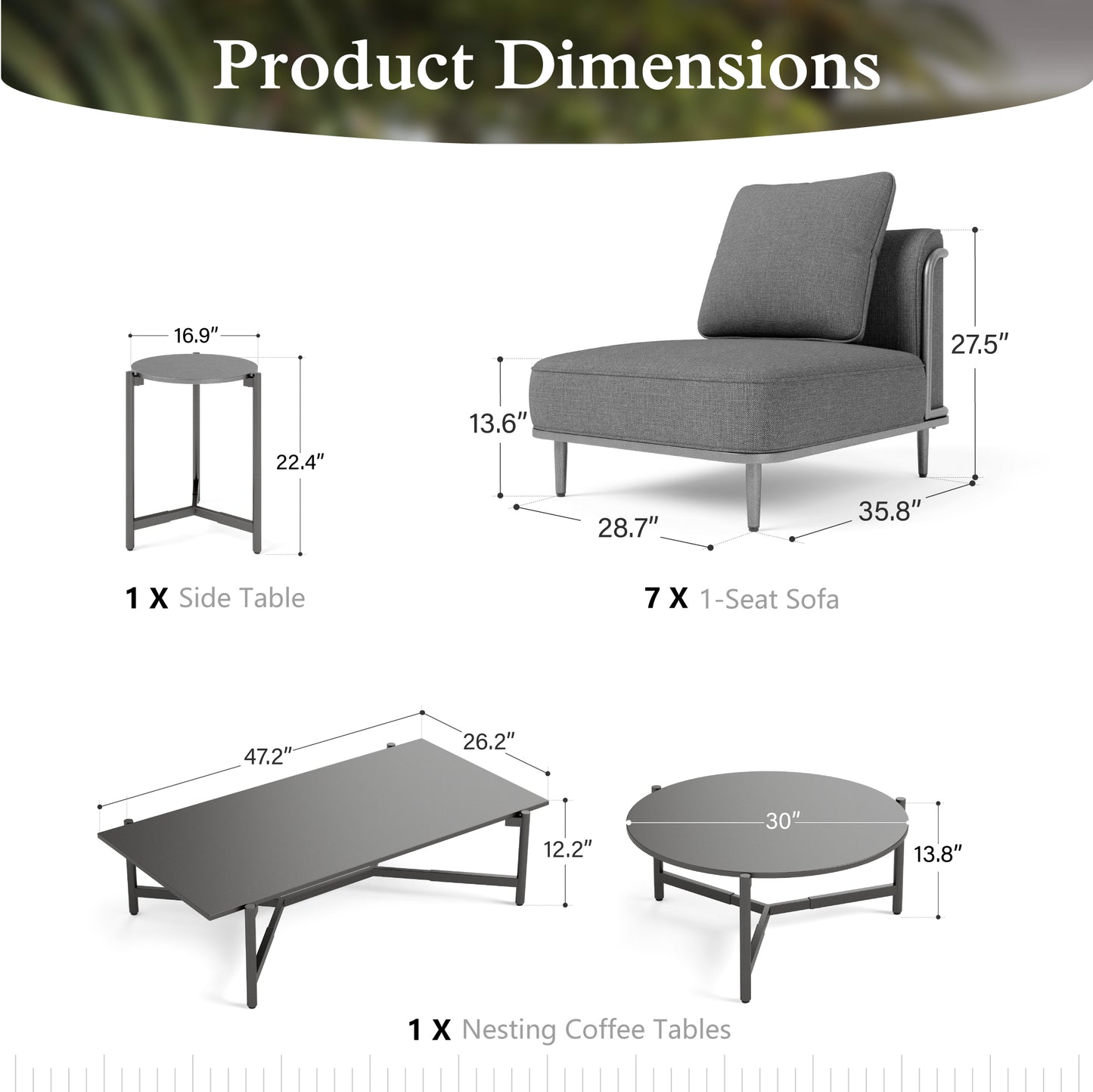 Sophia & William 10-Piece Modular Patio Furniture Set 7-Seat Low-Profile Sofa with Extra Thick Cushions, Nesting Tables & Side Table, Grey