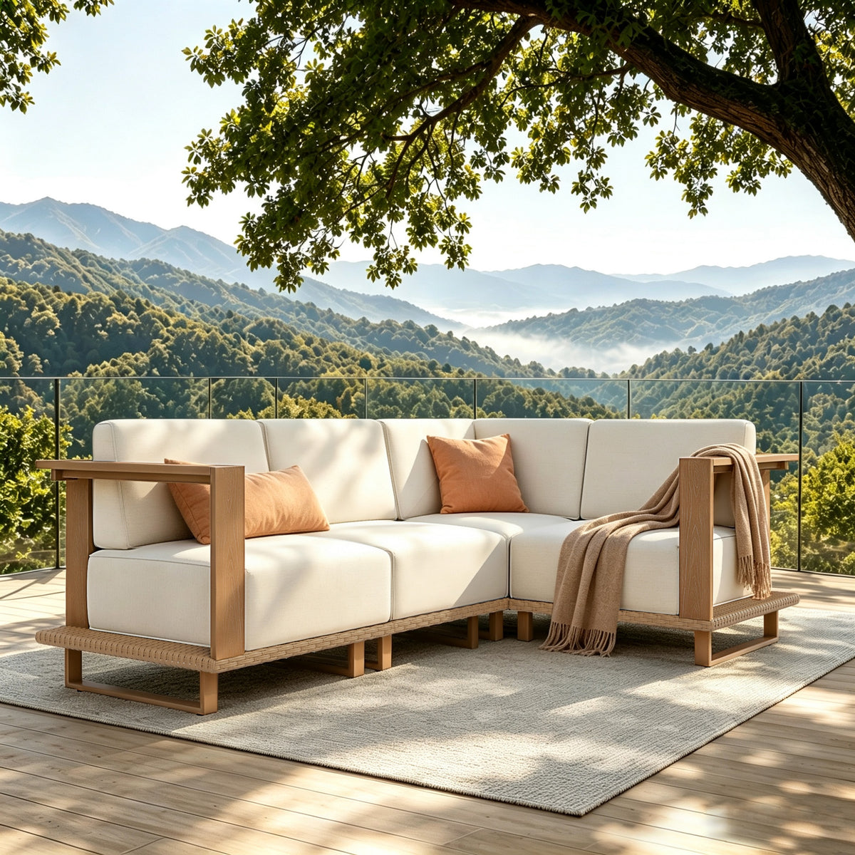 Alpha Joy 4 Pieces HDPE Patio Furniture Set with Wide Wicker Iron Seat & Thick Cushions, Brown & Beige