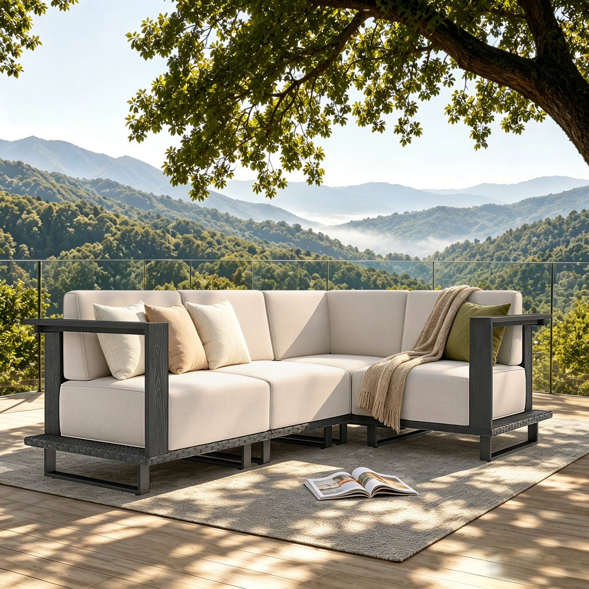 Alpha Joy 4 Pieces HDPE Patio Furniture Set with Wide Wicker Iron Seat & Thick Cushions, Black Rattan