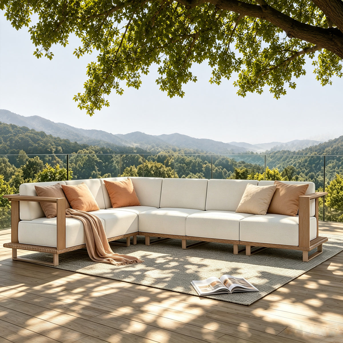 Alpha Joy 6 Pieces HDPE Patio Furniture Set with Wide Wicker Iron Seat & Thick Cushions, Brown & Beige