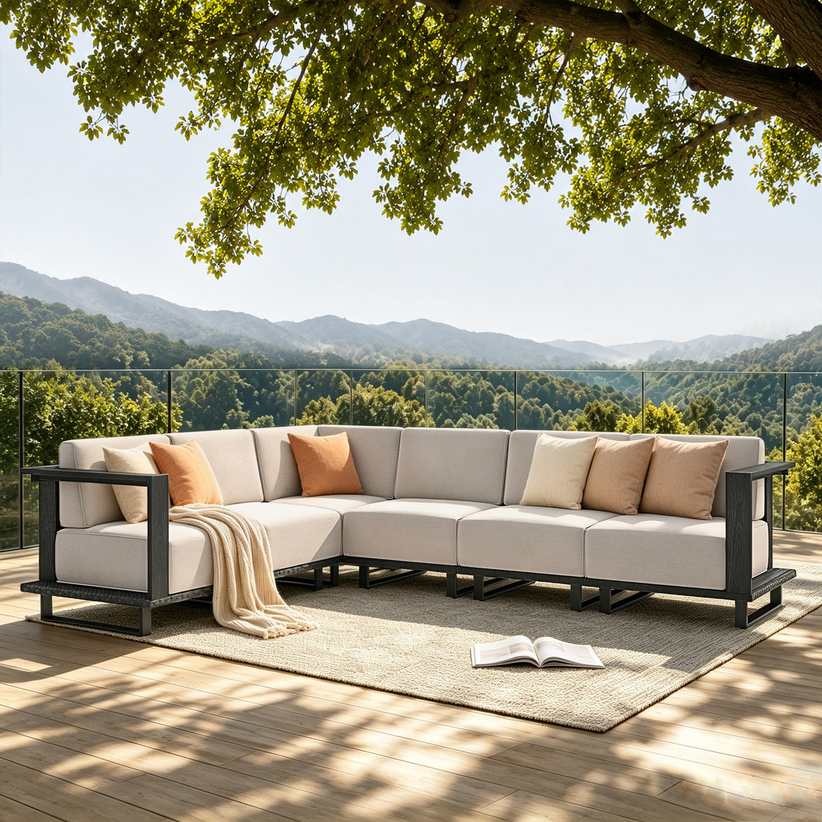 Alpha Joy 6 Pieces HDPE Patio Furniture Set with Wide Wicker Iron Seat & Thick Cushions, Black Rattan