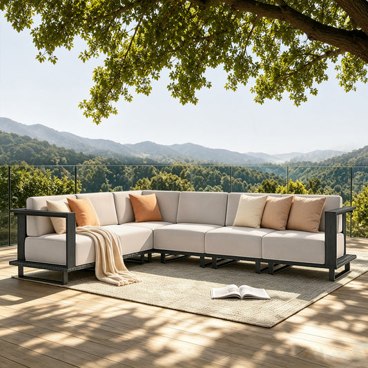 Alpha Joy 6 Pieces HDPE Patio Furniture Set with Wide Wicker Iron Seat & Thick Cushions, Black Rattan