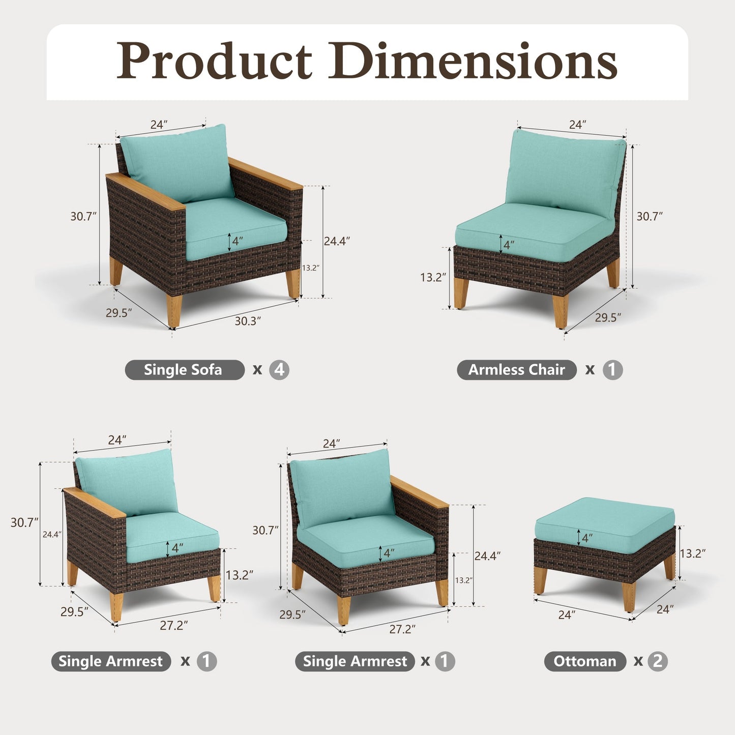 Sophia & William 8 Piece Outdoor Wicker Patio Conversation Sofa Set Outdoor Sectionals, Turquoise