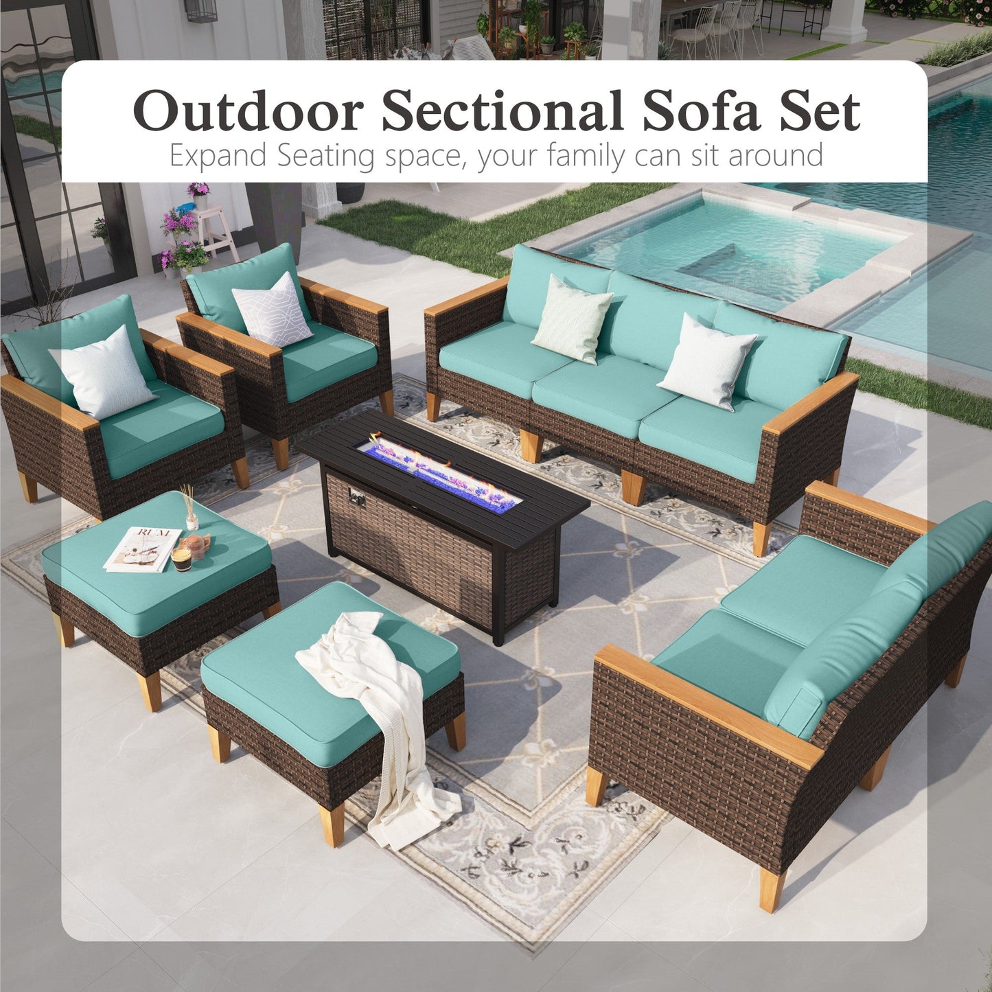 Sophia & William 8 Piece Outdoor Wicker Patio Conversation Sofa Set Outdoor Sectionals, Turquoise