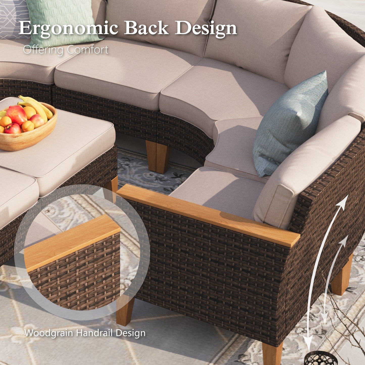 Alpha Joy 10 Pieces Outdoor Conversation Set with 56" Fire Pit Table Wicker Half-Moon Patio Furniture, Beige