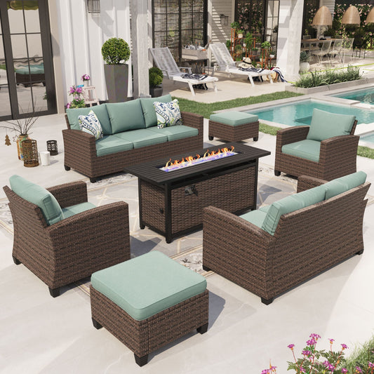Sophia & William 7 Pieces Wicker Patio Converation Set with Fire Pit Table, Blue