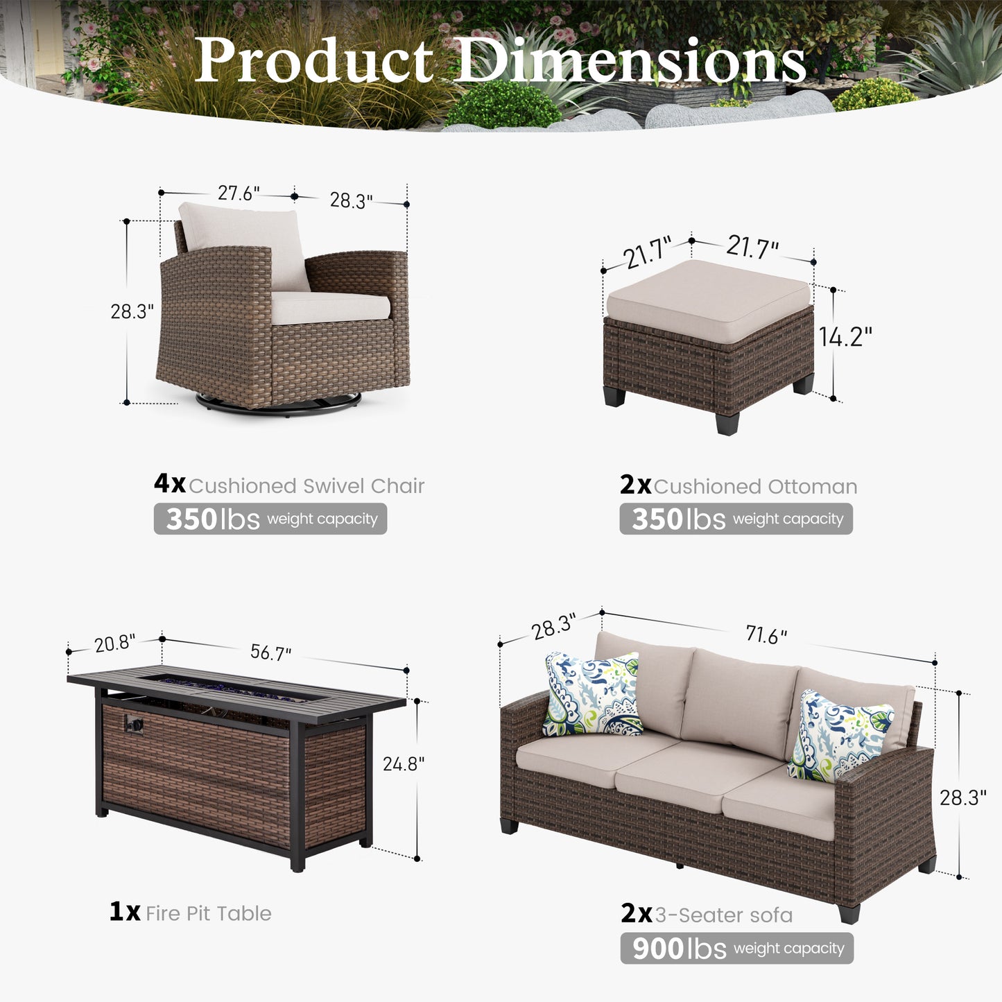Sophia & William 9 Pieces Patio Furniture Set with Swivel Chairs and 56¡± Fire Pit Table, Beige