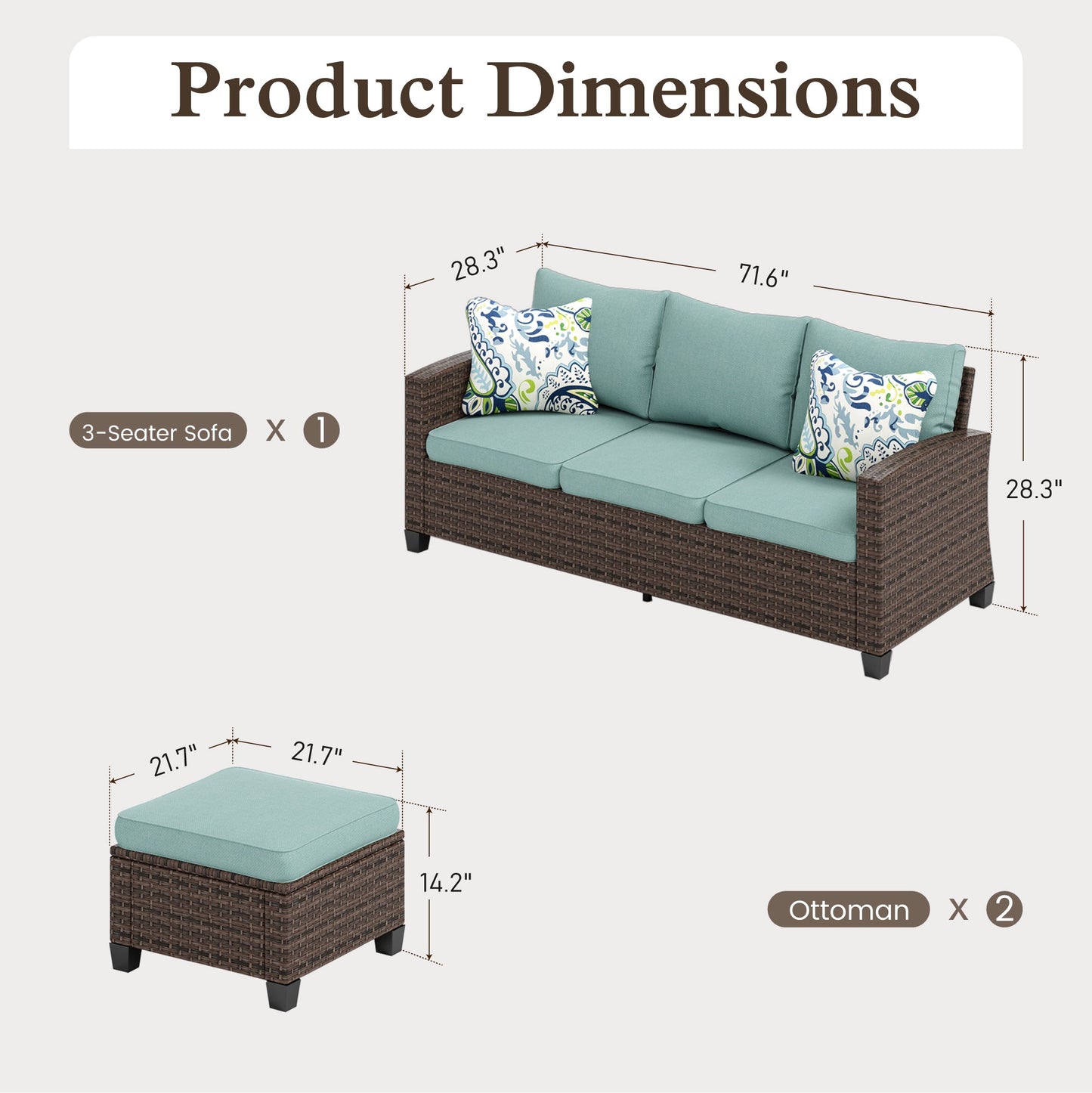 Sophia & William 3 Pieces Wicker Patio Furniture Set Outdoor Couch with 2 Ottomans and Blue Cushions