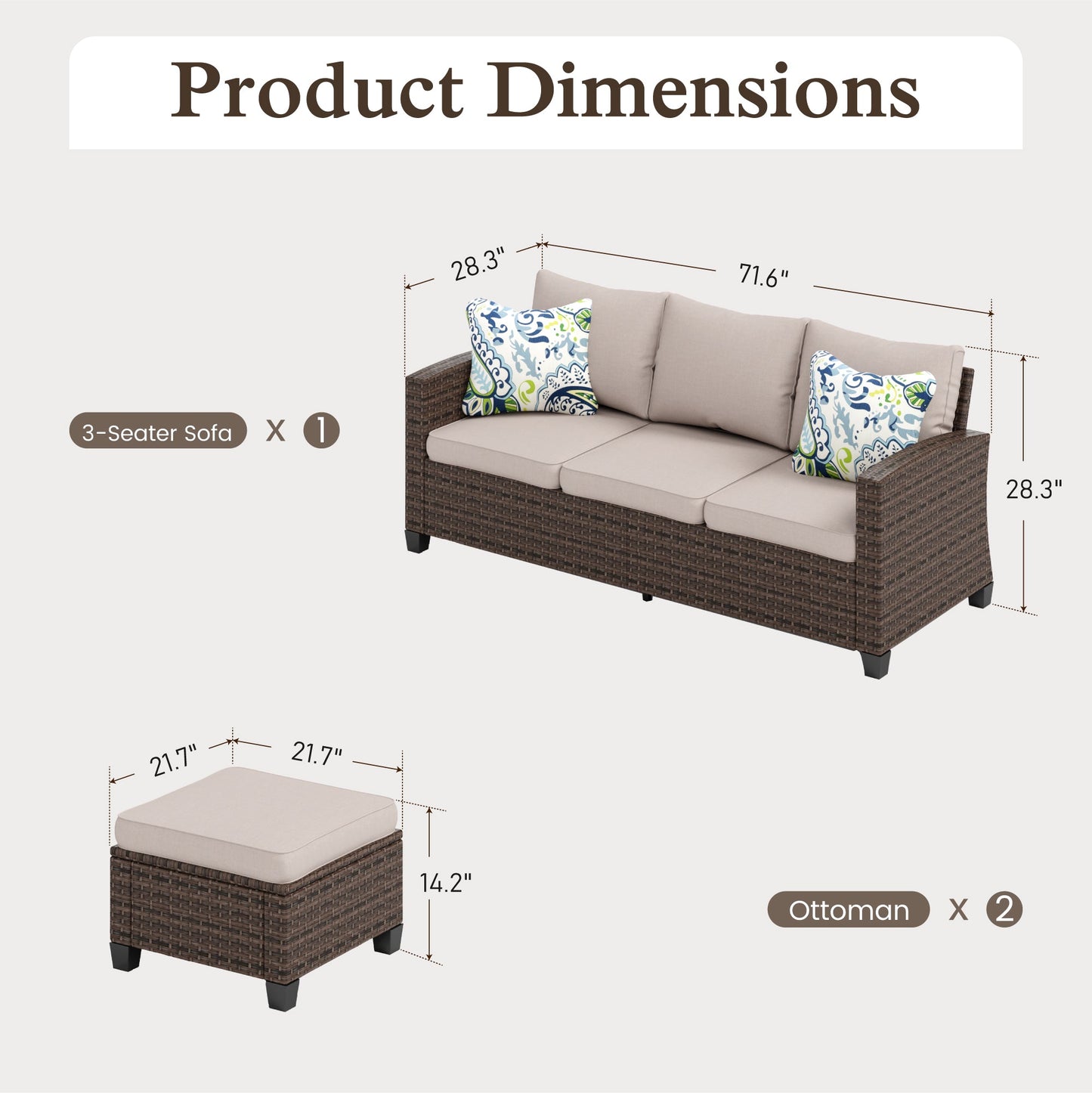 Sophia & William 3 Pieces Wicker Patio Furniture Set Outdoor Couch with 2 Ottomans and Beige Cushions