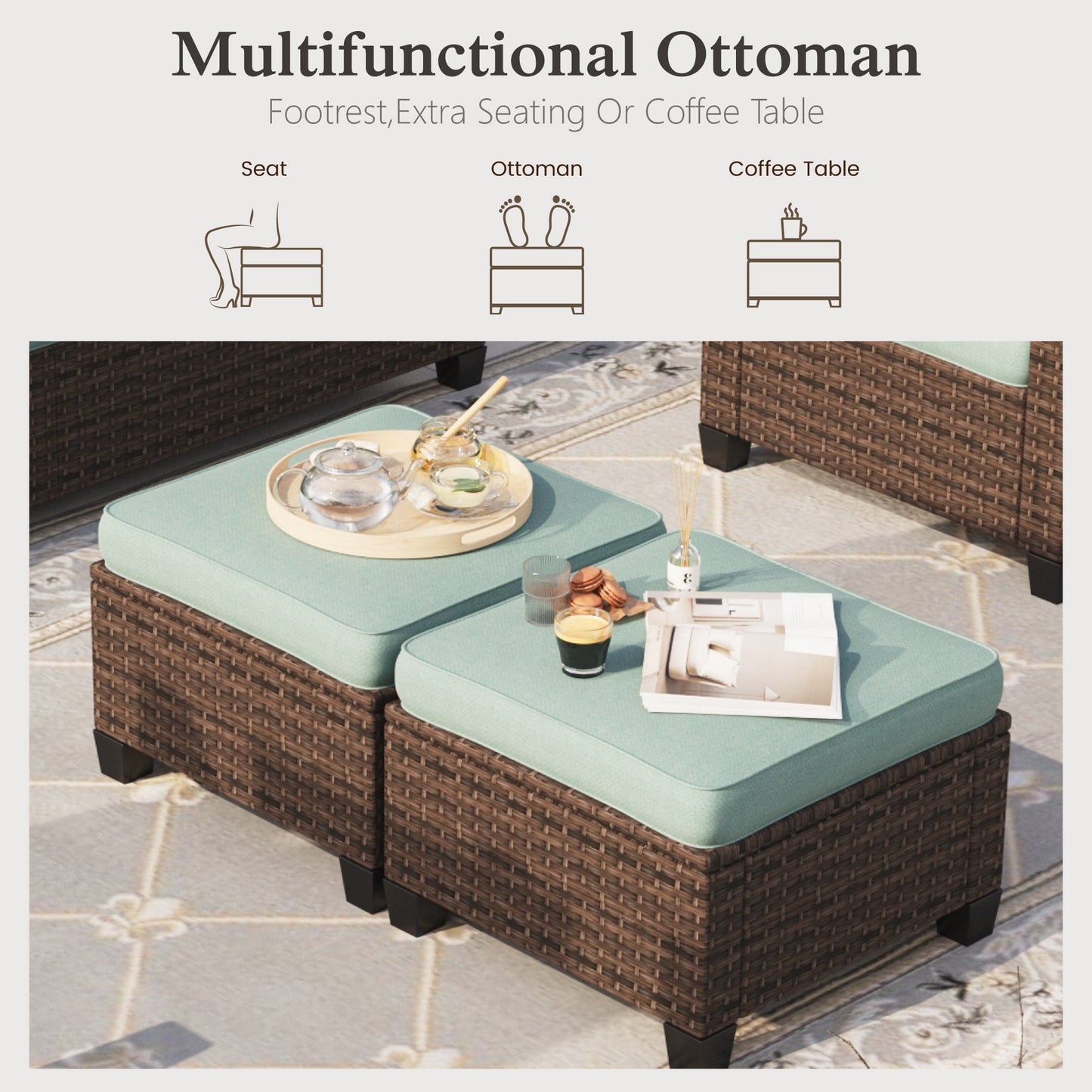 Sophia & William 4 Pieces Outdoor Patio Furniture Set Wicker Swivel Chairs Ottomans Conversation Set, Blue