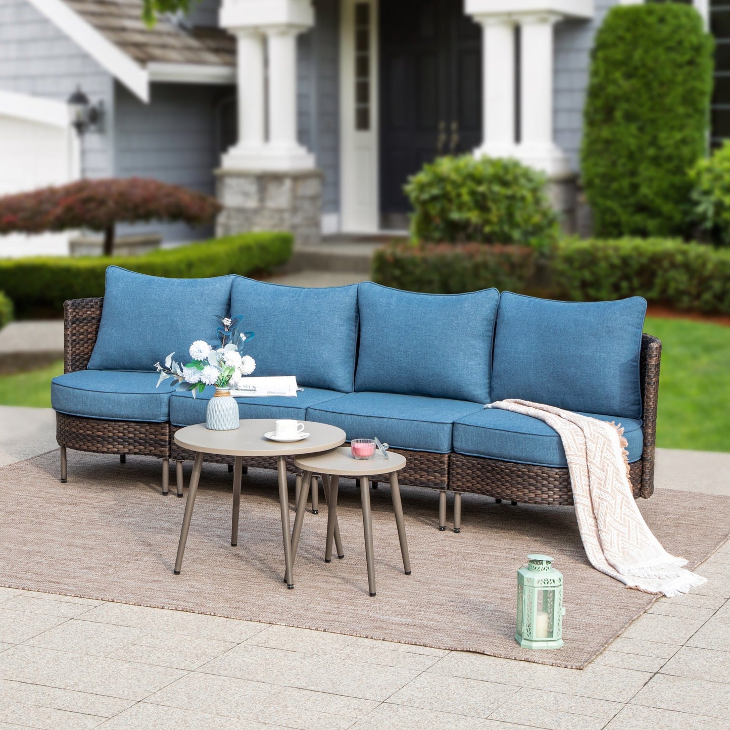 Sophia & William 6 Pieces Wicker Patio Furniture Set 4-Seat Outdoor Conversation Set with Coffee Table & Cushioned Chairs, Brown & Blue