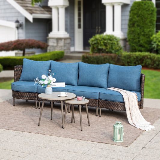 Sophia & William 6 Pieces Wicker Patio Furniture Set 4-Seat Outdoor Conversation Set with Coffee Table & Cushioned Chairs, Brown & Blue