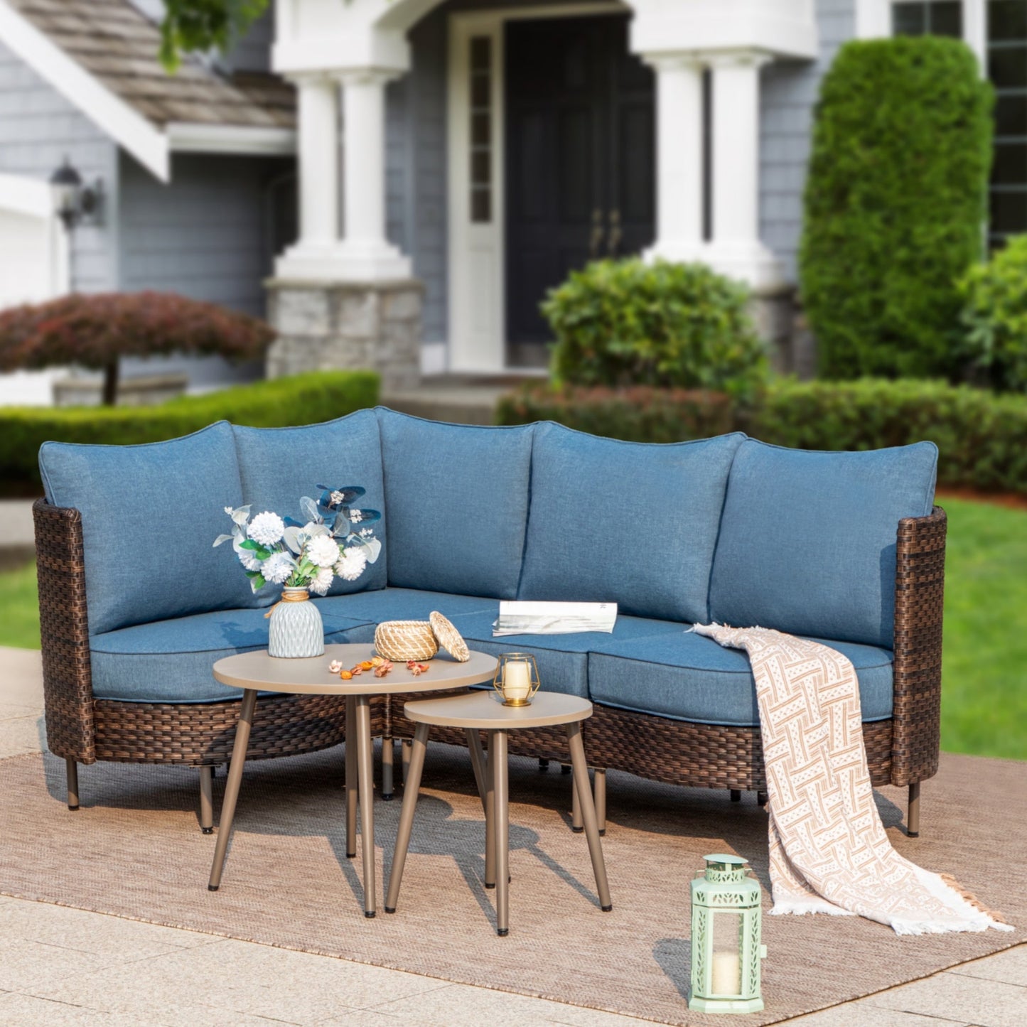 Sophia & William L-shaped 6 Pieces Wicker Patio Furniture Set 4-Seat Outdoor Conversation Set with Coffee Table & Cushioned Chairs, Brown & Blue