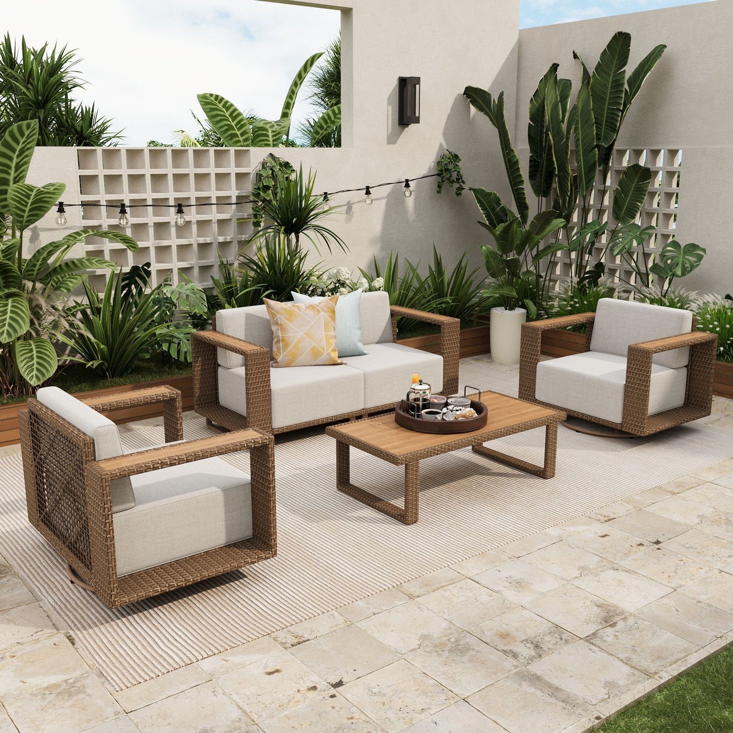 Sophia & William 5 Pieces Wicker Patio Furniture Set 4-Seat Outdoor Cushioned Conversation Set with 2Pcs Swivel Chairs, Yellow-Brown & Beige