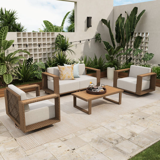 Sophia & William 5 Pieces Wicker Patio Furniture Set 4-Seat Outdoor Cushioned Conversation Set with 2Pcs Swivel Chairs, Yellow-Brown & Beige