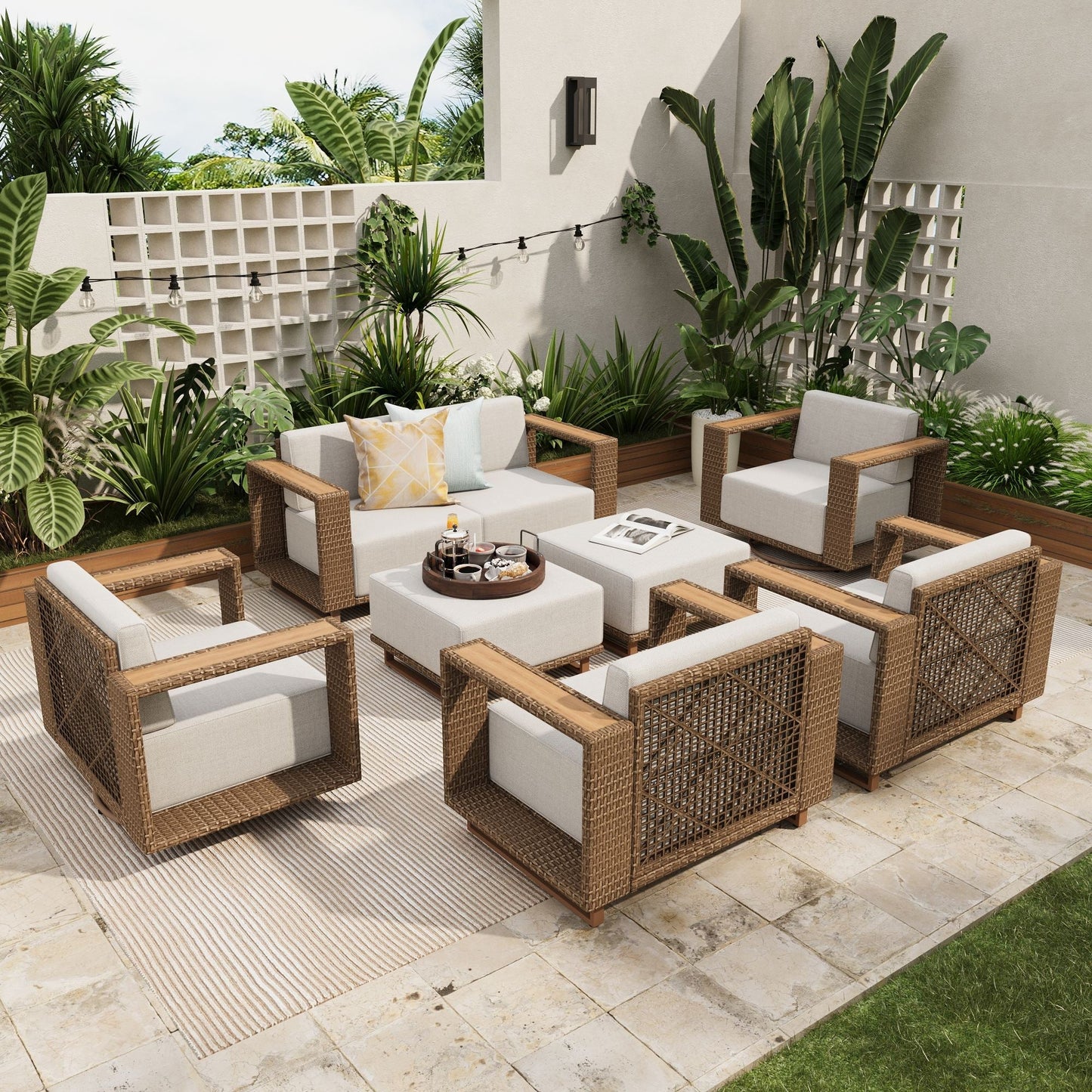 Sophia & William 8 Pieces Wicker Patio Furniture Set 8-Seat Outdoor Cushioned Conversation Set with 2Pcs Swivel Chairs, Yellow-Brown & Beige