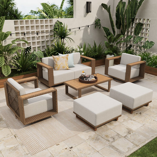 Sophia & William 7 Pieces Wicker Patio Furniture Set 6-Seat Outdoor Cushioned Conversation Set with 2Pcs Swivel Chairs, Yellow-Brown & Beige