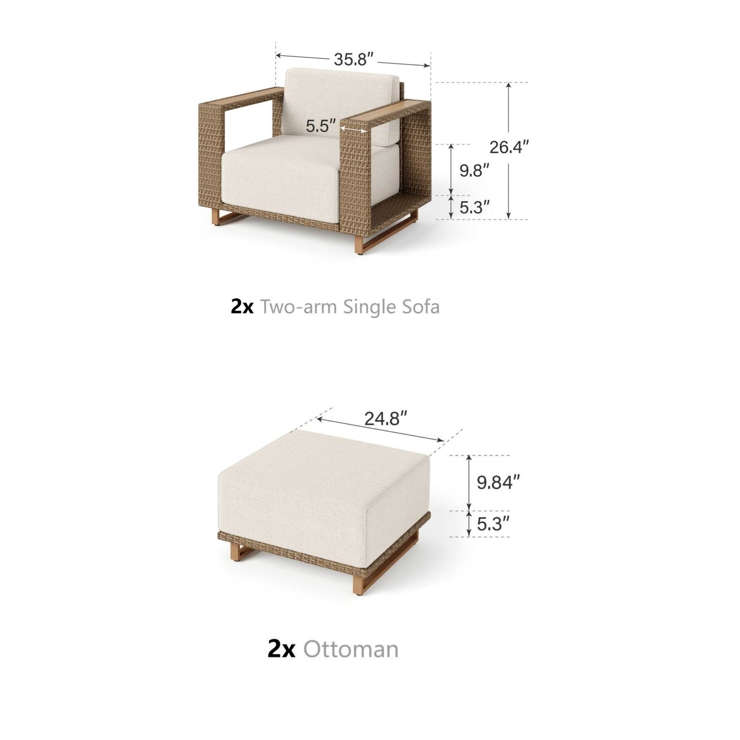 Sophia & William 4 Pieces Wicker Patio Furniture Set with 2Pcs Chairs & 2 Ottomans, Yellow-Brown & Beige