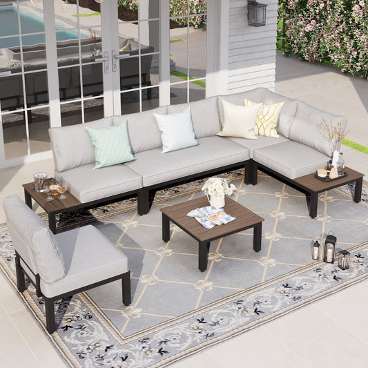 Sophia & William 6 Pieces Outdoor Patio Furniture Sectional Sofa Set Metal Conversation Set with Coffee Table & Cushioned Chairs, Light Grey