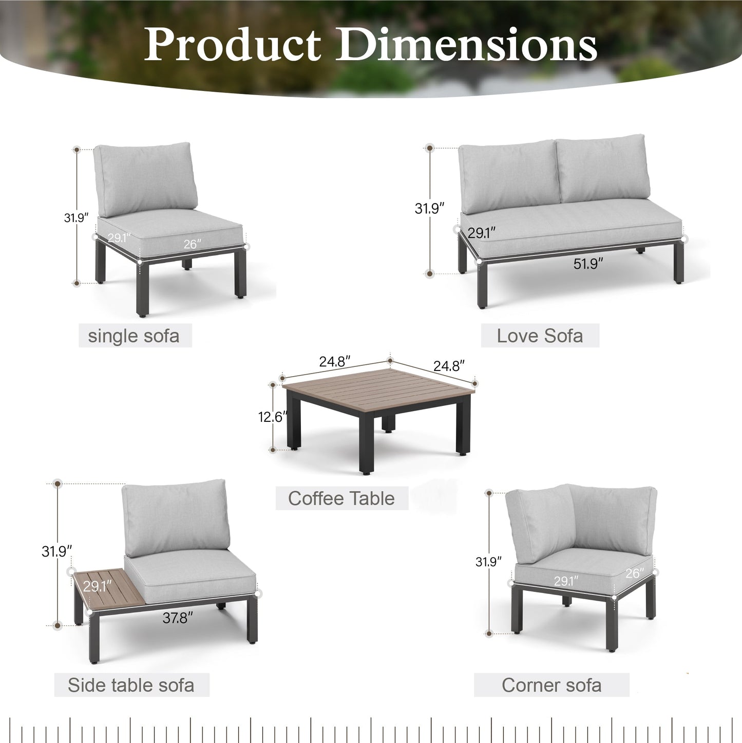 Sophia & William 6 Pieces Outdoor Patio Furniture Sectional Sofa Set Metal Conversation Set with Coffee Table & Cushioned Chairs, Light Grey