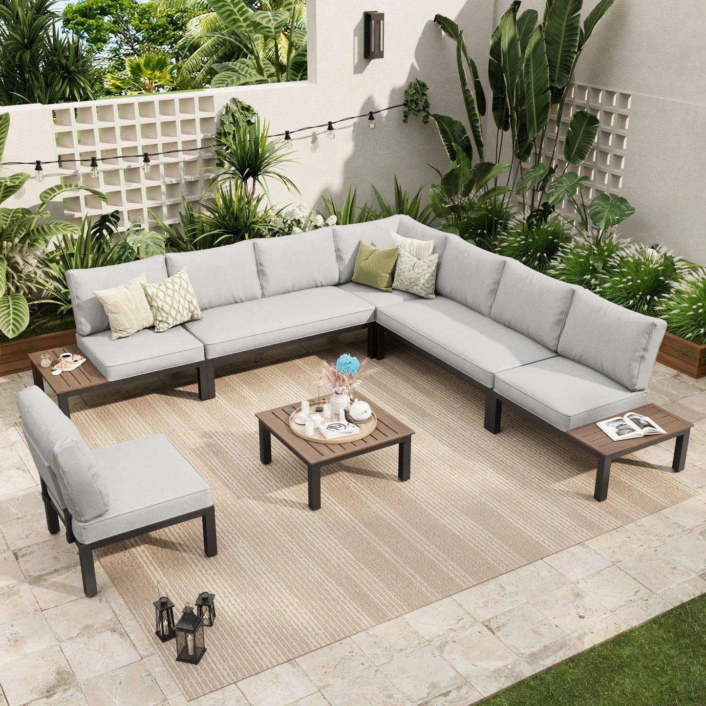 Sophia & William 7 Pieces Metal Patio Furniture Set Outdoor Sectional Conversation Sofa Set with Coffee Table, Light Grey Cushion