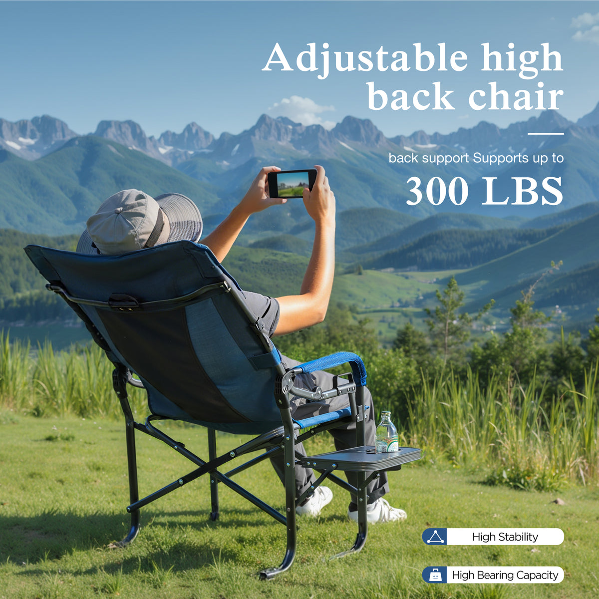 Sophia & William Set of 2 High Back Heavy-Duty Adjustable Director Chair Oversized Camping Chair with Side Table, Supports 300lbs, Blue
