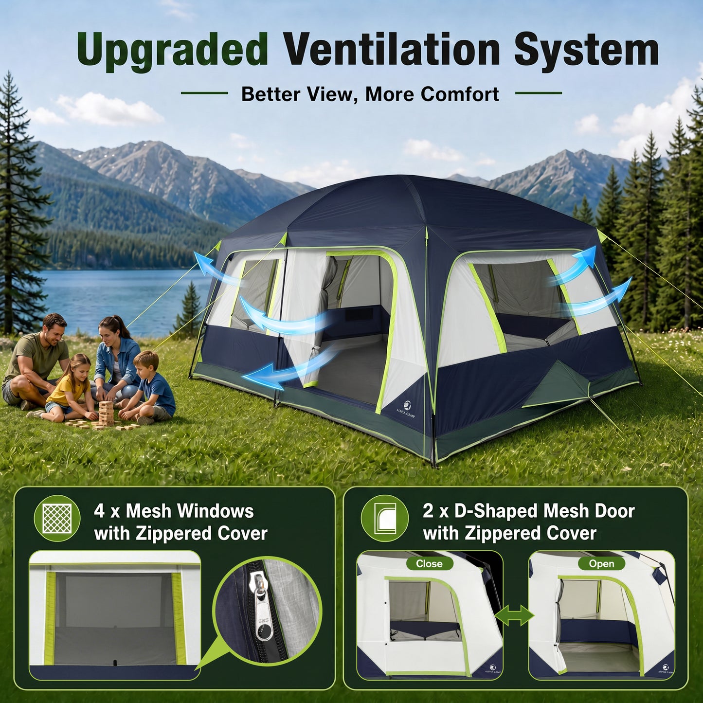 Sophia & William 10 Person Camping Tent 14x10FT All-Weather Large Family Cabin Tent with 2-Room Partition, Blue