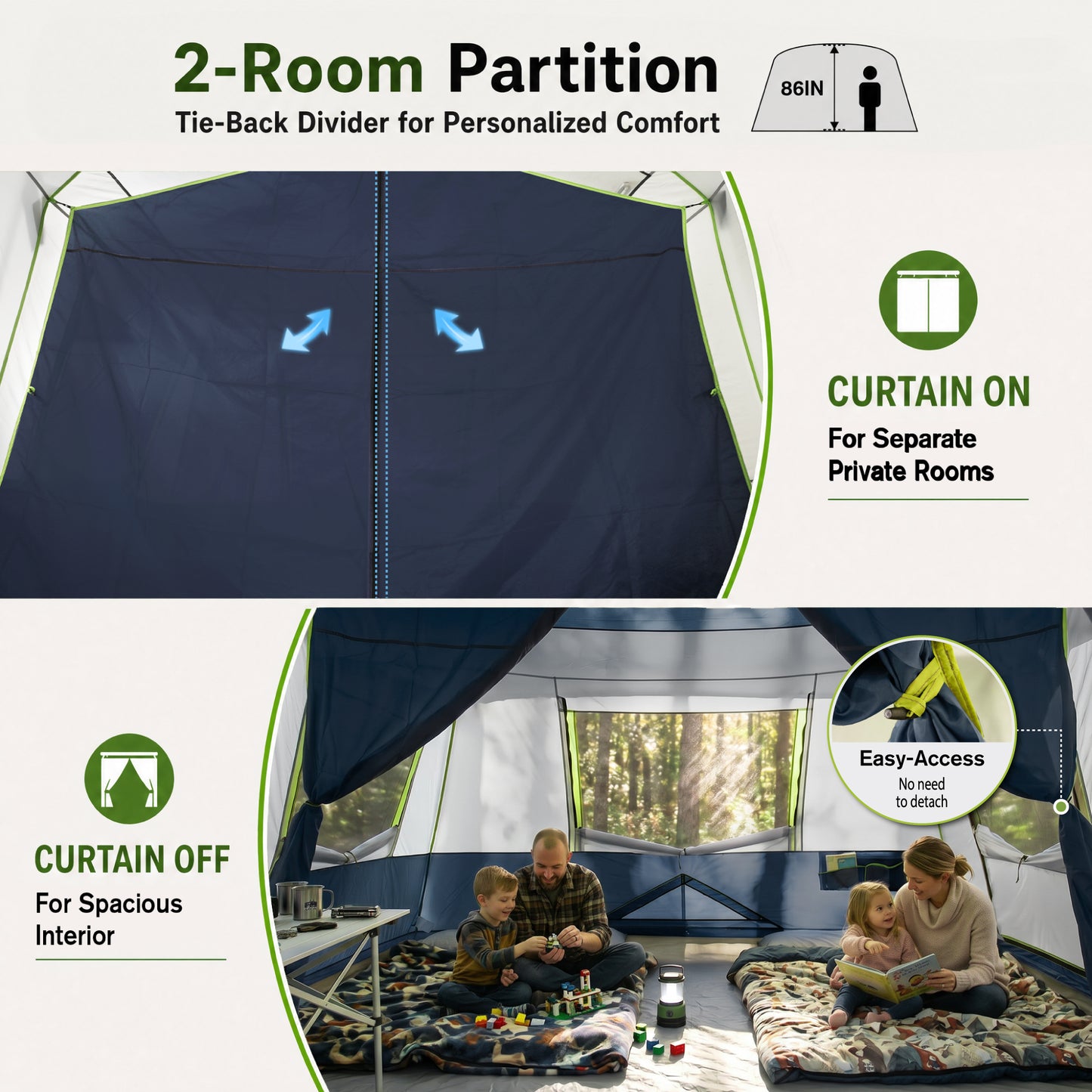Sophia & William 10 Person Camping Tent 14x10FT All-Weather Large Family Cabin Tent with 2-Room Partition, Blue