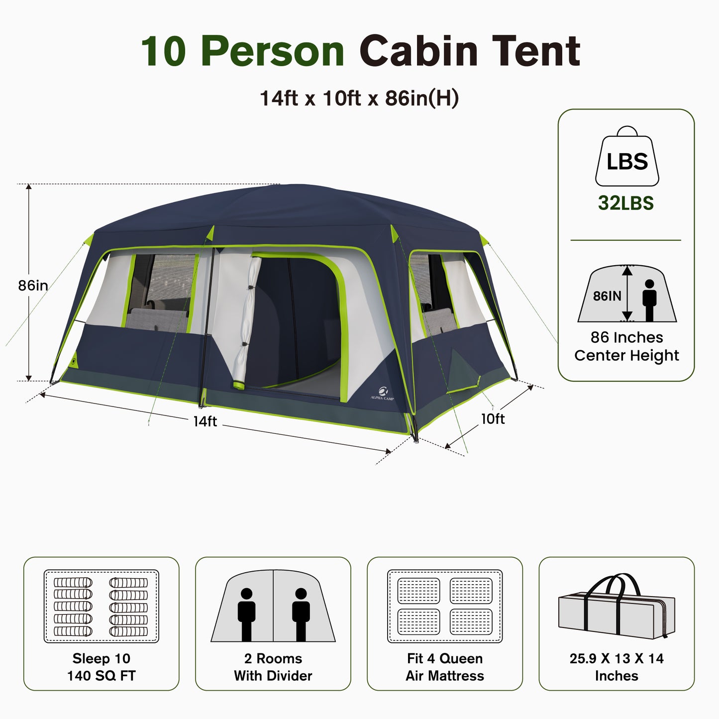 Sophia & William 10 Person Camping Tent 14x10FT All-Weather Large Family Cabin Tent with 2-Room Partition, Blue