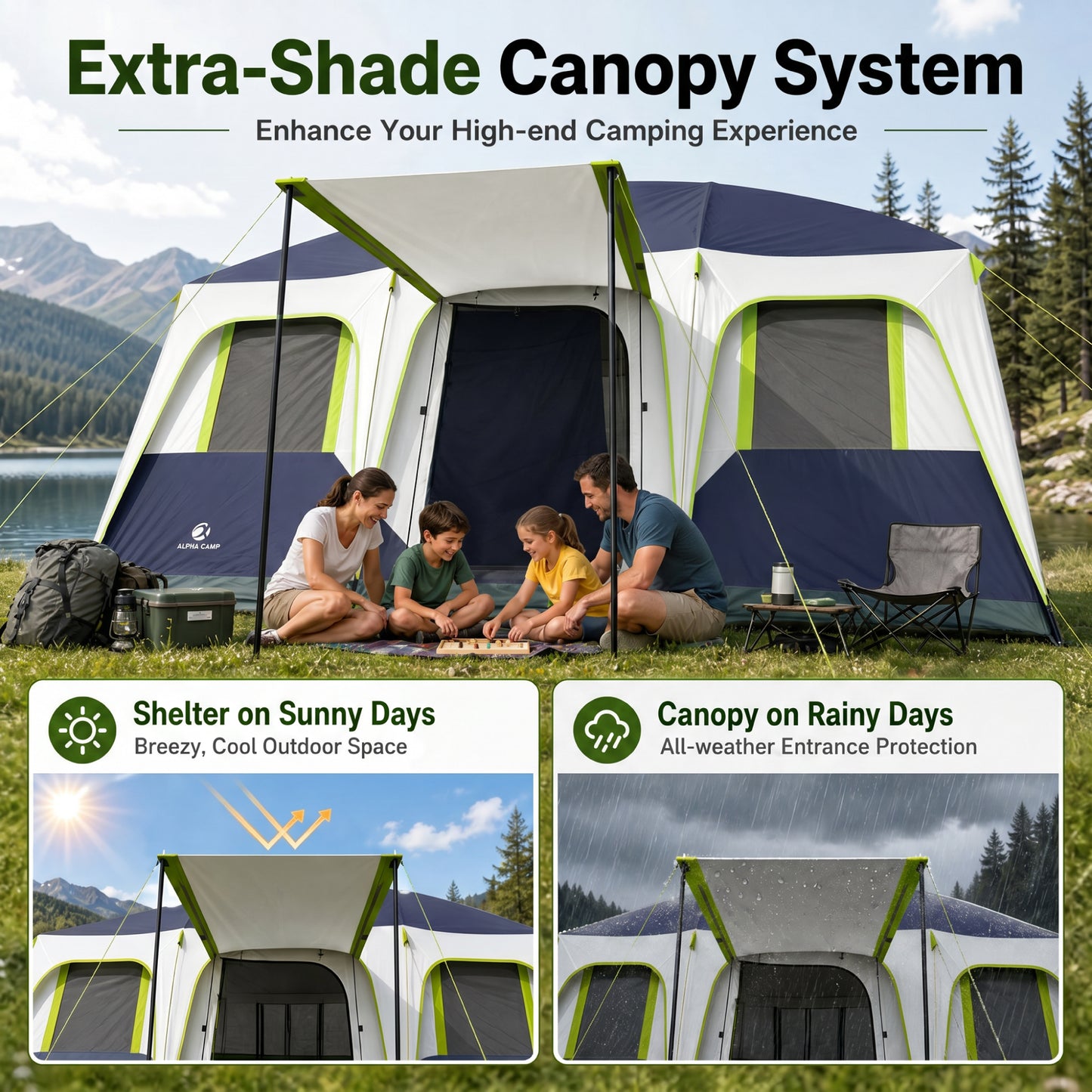 Sophia & William 12 Person Camping Tent 16x11FT All-Weather Large Family Cabin Tent with 3 Rooms and 6 Mesh Windows, Blue