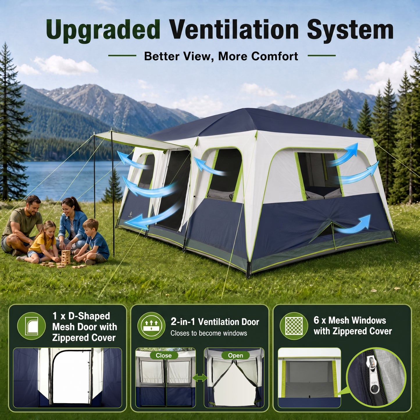 Sophia & William 12 Person Camping Tent 16x11FT All-Weather Large Family Cabin Tent with 3 Rooms and 6 Mesh Windows, Blue