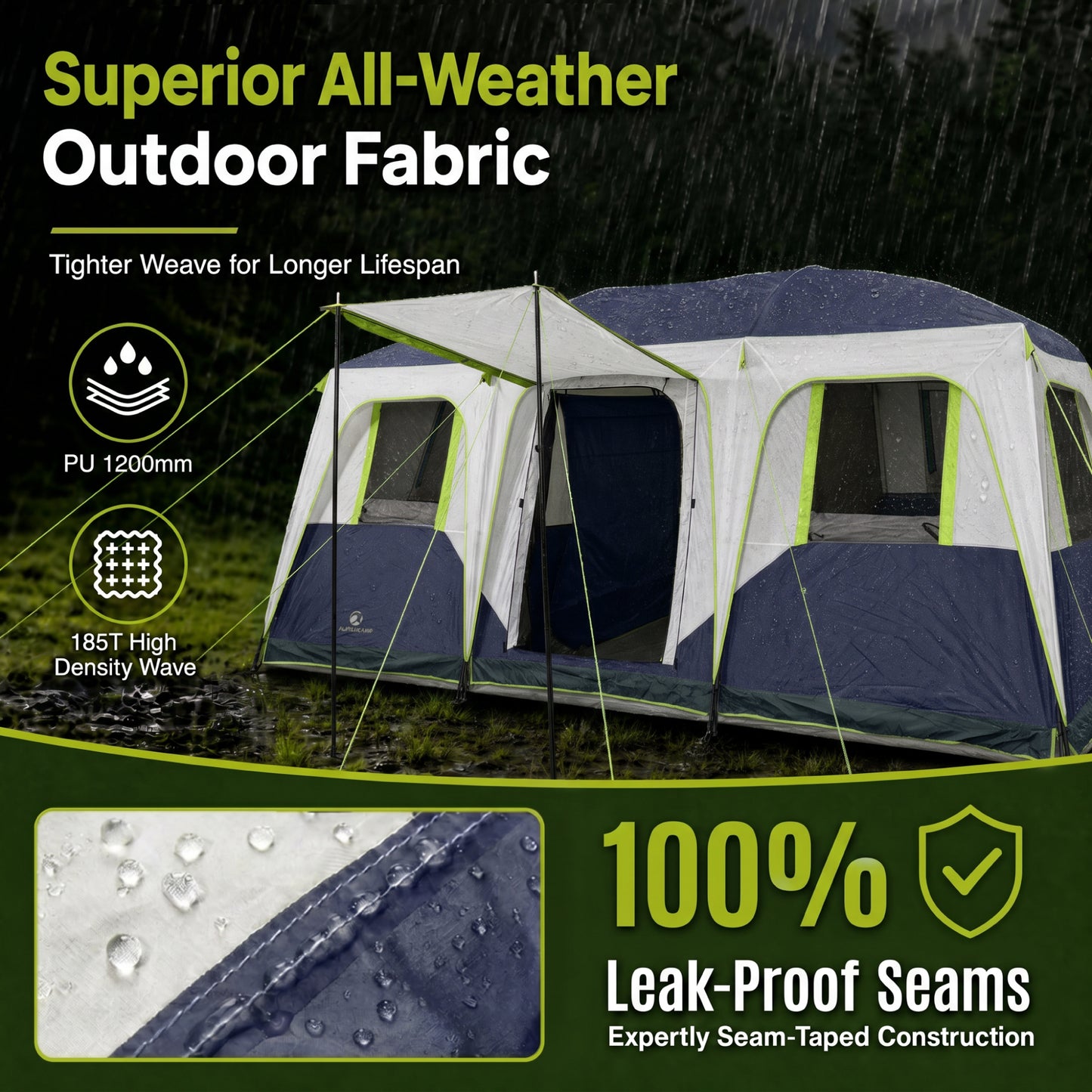 Sophia & William 12 Person Camping Tent 16x11FT All-Weather Large Family Cabin Tent with 3 Rooms and 6 Mesh Windows, Blue