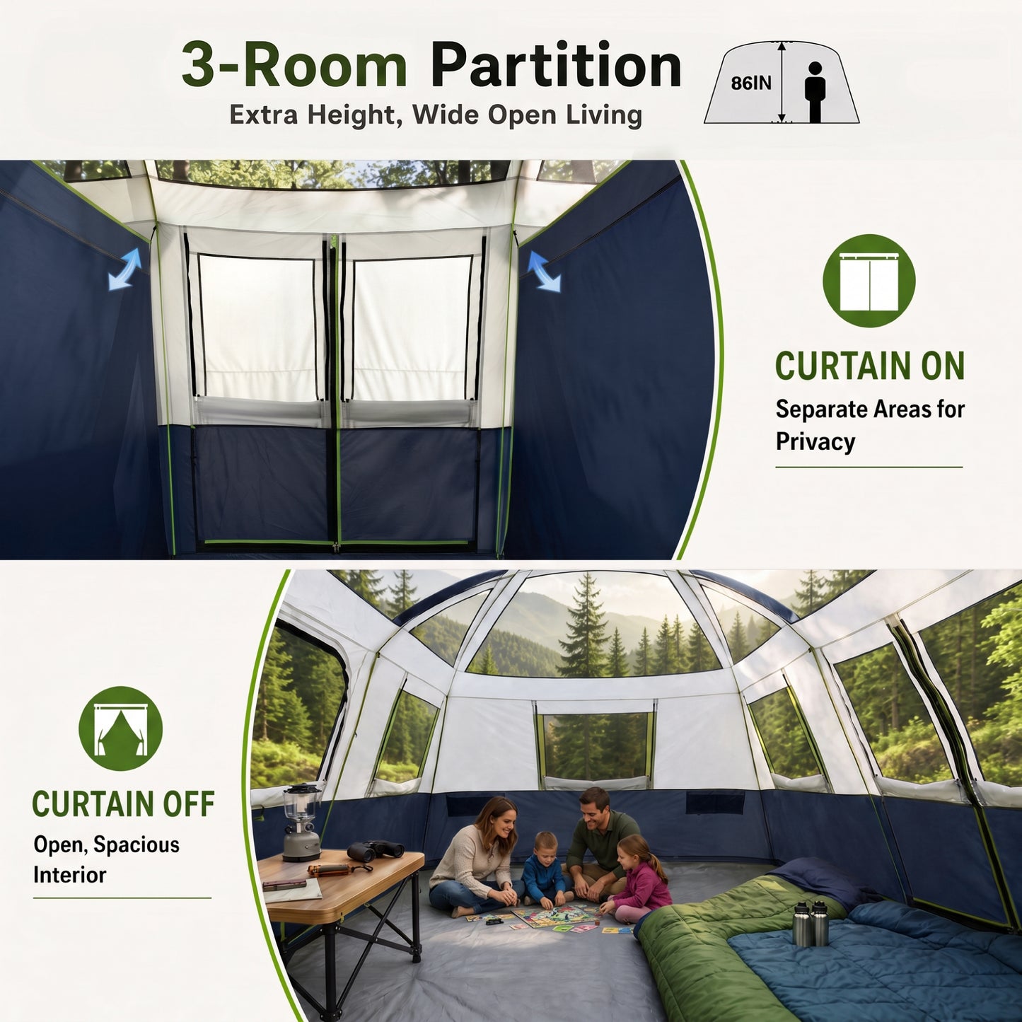 Sophia & William 12 Person Camping Tent 16x11FT All-Weather Large Family Cabin Tent with 3 Rooms and 6 Mesh Windows, Blue
