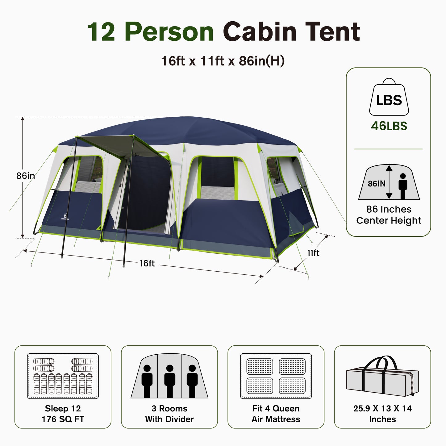 Sophia & William 12 Person Camping Tent 16x11FT All-Weather Large Family Cabin Tent with 3 Rooms and 6 Mesh Windows, Blue