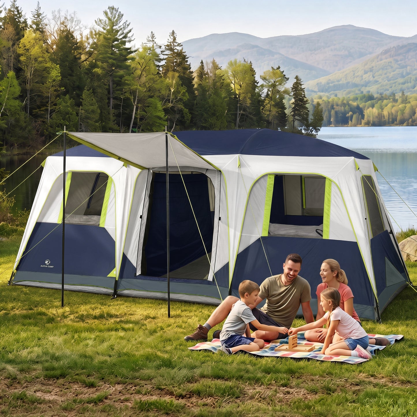 Sophia & William 12 Person Camping Tent 16x11FT All-Weather Large Family Cabin Tent with 3 Rooms and 6 Mesh Windows, Blue