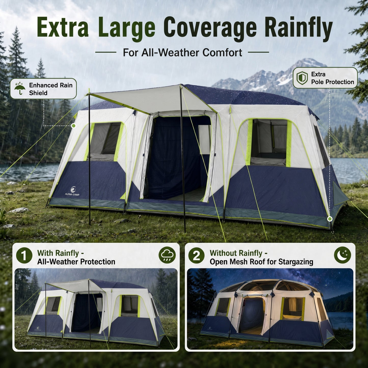 Sophia & William 12 Person Camping Tent 16x11FT All-Weather Large Family Cabin Tent with 3 Rooms and 6 Mesh Windows, Blue