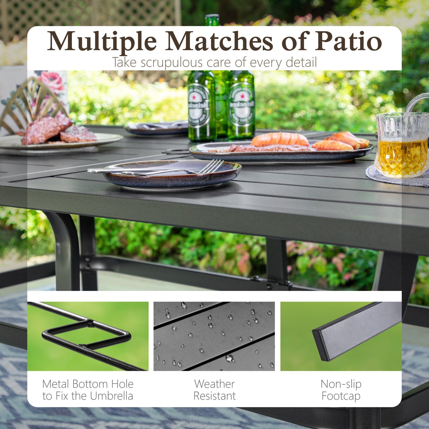 Sophia & William 8-Piece Outdoor Patio Dining Set with 13ft Umbrella, Adjustable Folding Chairs & Rectangle Table for 6, Blue & Beige