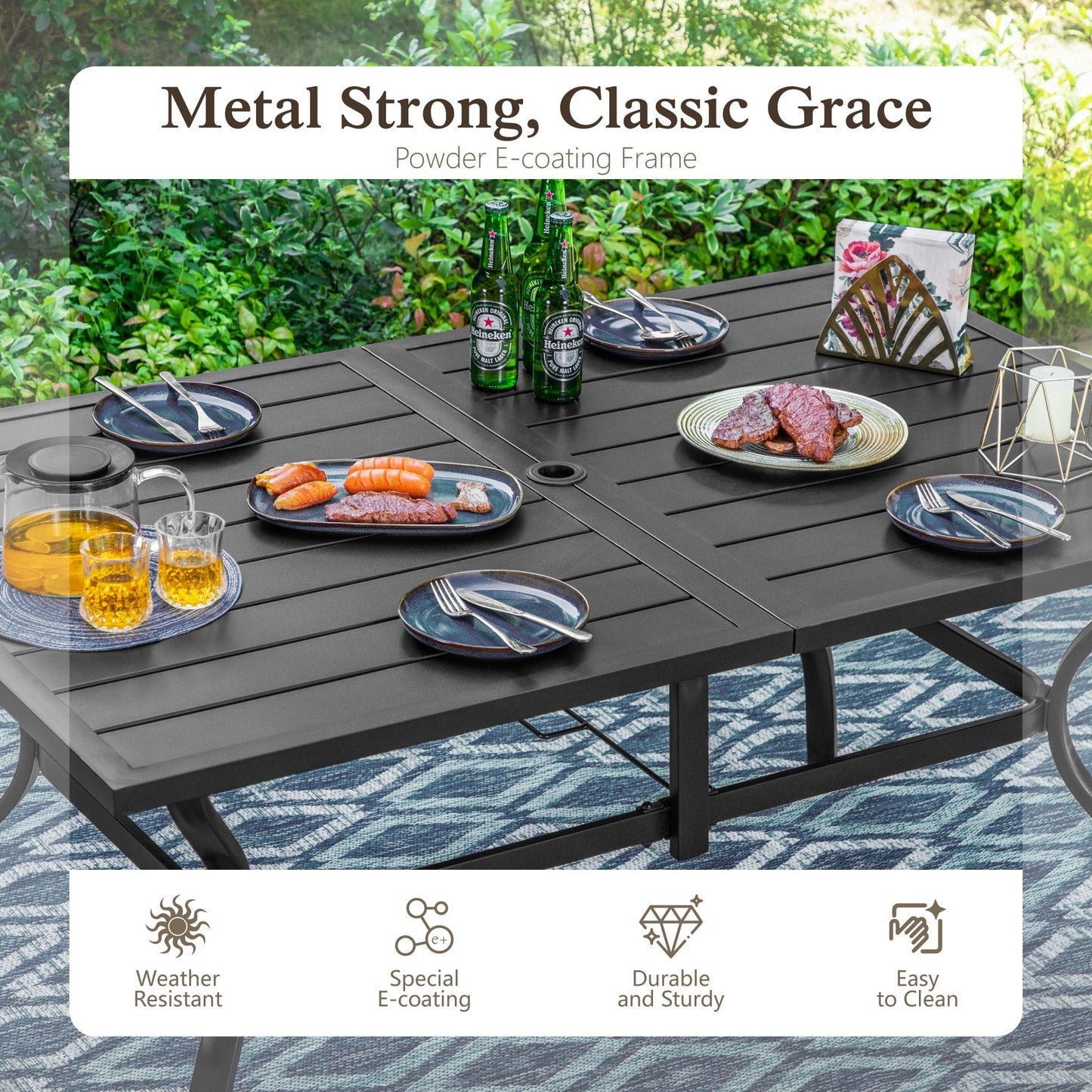 Sophia & William 8-Piece Outdoor Patio Dining Set with 13ft Umbrella, Adjustable Folding Chairs & Rectangle Table for 6, Blue & Beige