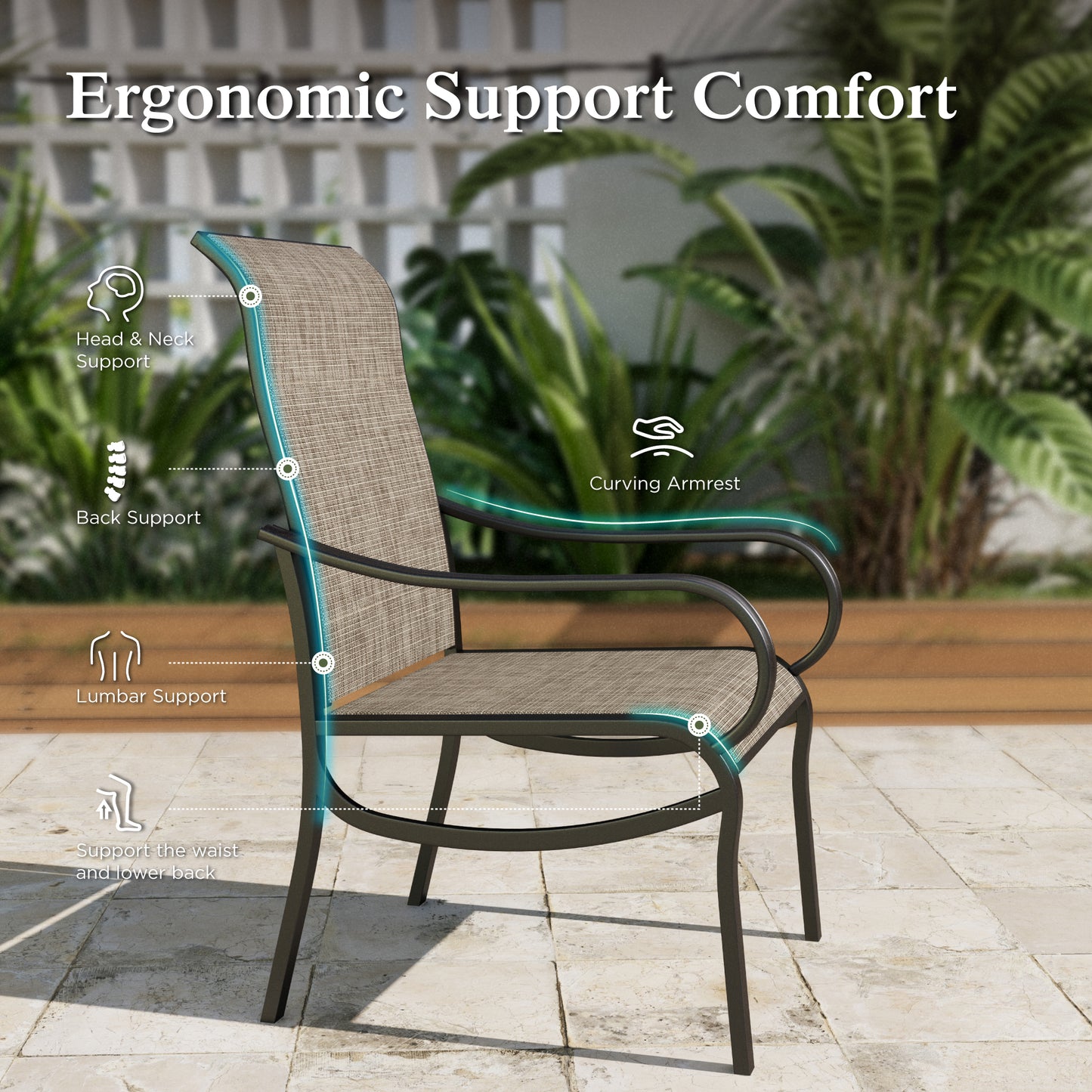 Sophia & William 7Pcs Outdoor Patio Dining Set with 13Ft Beige Umbrella 4 x 22.6inch Highback Textilene Chairs and 2 x Swivel Chairs and Metal Table Furniture Set for 6