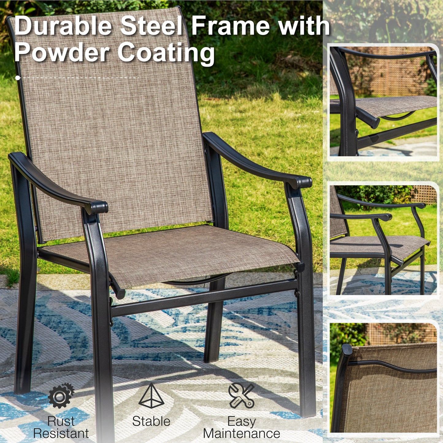 Sophia & William 7 Pieces Outdoor Patio Dining Set with Textilene Chairs & Large Round Metal Table for 6-person, Black & Grayish-brown