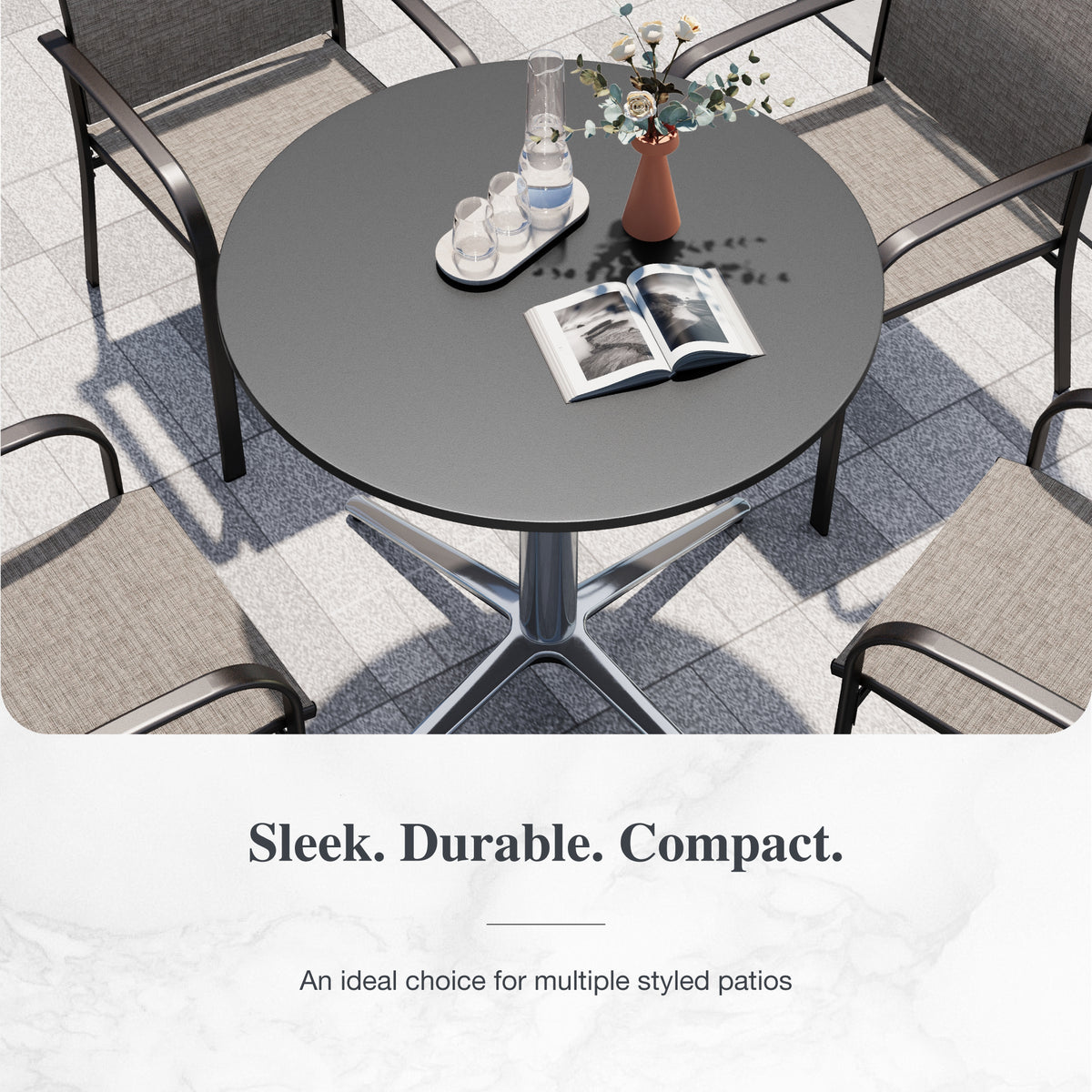 Sophia & William 30" Round Metal Outdoor Bistro Table Dining Table with Smooth Black Tabletop Stainless Steel X-Shaped Pedestal