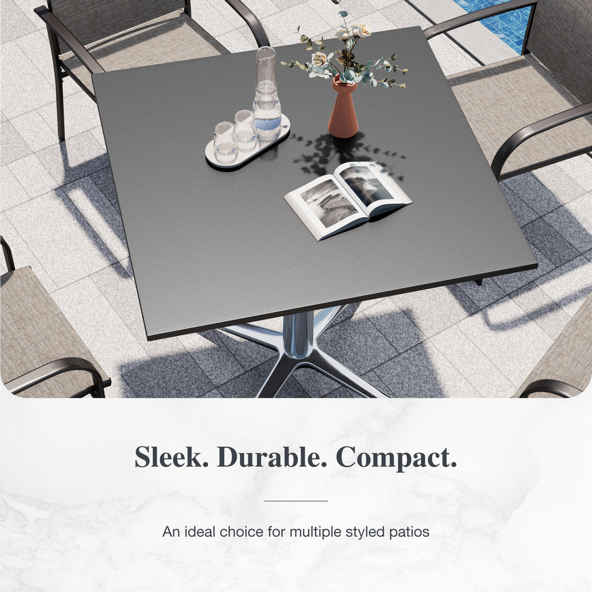 Sophia & William 31" Square Metal Outdoor Bistro Table Dining Table with Smooth Black Tabletop Stainless Steel X-Shaped Pedestal