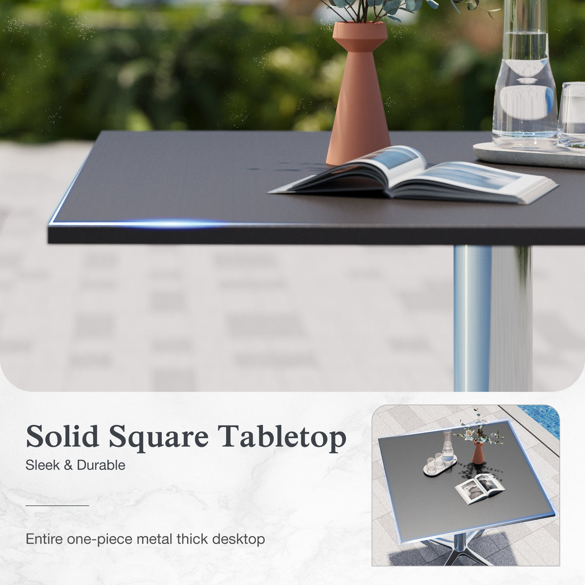 Sophia & William 31" Square Metal Outdoor Bistro Table Dining Table with Smooth Black Tabletop Stainless Steel X-Shaped Pedestal
