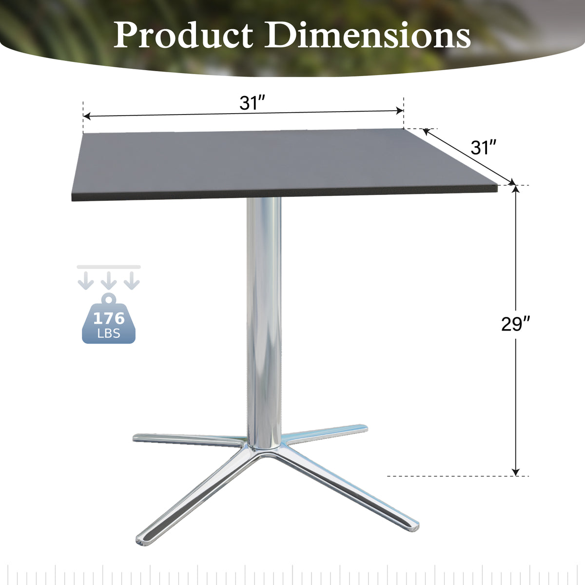 Sophia & William 31" Square Metal Outdoor Bistro Table Dining Table with Smooth Black Tabletop Stainless Steel X-Shaped Pedestal